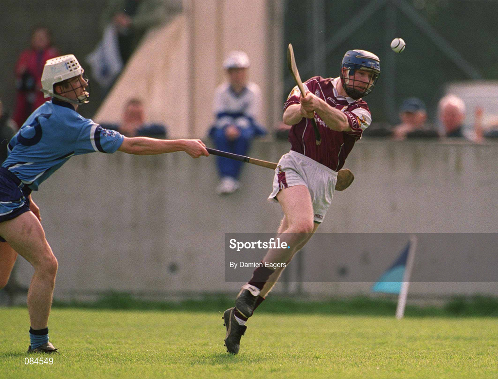 30 March 2002; Damien Hayes of Galway is tackled by Kevin Ryan of Dublin during the Allianz Hurling League Division 1A Round 1 match between Dublin and Galway at Parnell Park in Dublin. Photo by Damien Eagers/Sportsfile