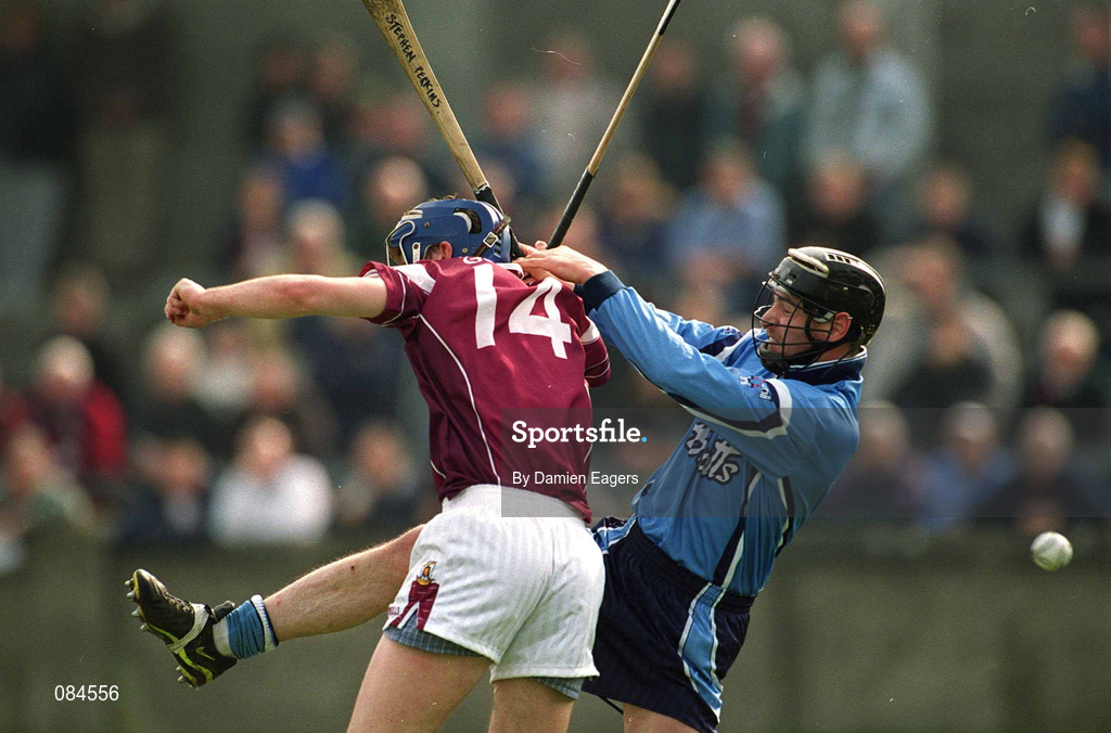 30 March 2002; Mark Kerins of Galway in action against Stephen Perkins of Dublin during the Allianz Hurling League Division 1A Round 1 match between Dublin and Galway at Parnell Park in Dublin. Photo by Damien Eagers/Sportsfile