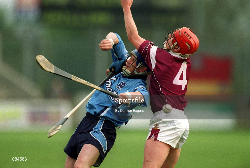 30 March 2002; Kevin Flynn of Dublin in action against Ollie Canning of Galway during the Allianz Hurling League Division 1A Round 1 match between Dublin and Galway at Parnell Park in Dublin. Photo by Damien Eagers/Sportsfile