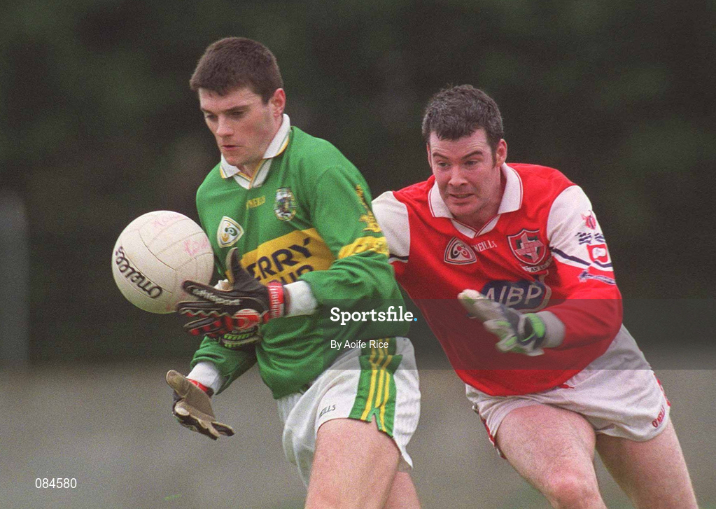 31 March 2002; Aodán Mac Gearailt of Kerry is tackled by Peter McGinnity of Louth during the Allianz National Football League Division 2A Round 7 match between Louth and Kerry at Páirc Mhuire in Ardee in Louth. Photo by Aoife Rice/Sportsfile