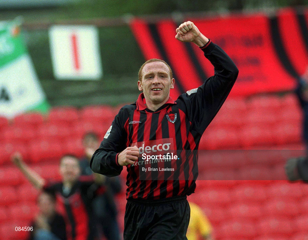 31 March 2002; Glen Crowe of Bohemians celebrates scoring his side's goal during the eircom League Premier Division match between Bohemians and Shelbourne at Dalymount Park in Dublin. Photo b Brian Lawless/Sportsfile