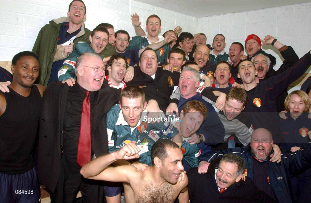 31 March 2002; St Patrick's Athletic players and officials celebrate in their dressing room after the eircom League Premier Division match between Longford Town and St Patrtick's Athletic at Flancare Park in Longford. St Patrick's Athletic were top of the table after the last game of the season, only to later finish in third due to a 15 point deduction as Charles Mbabazi Livingstone was deemed to have played in five games while unregistered. Photo by David Maher/Sportsfile