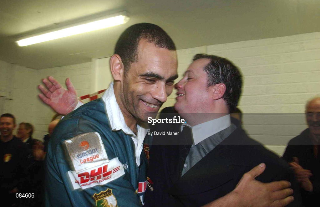 31 March 2002; St.Patrick's Athletic manager Pat Dolan, right, congratulates Paul Osam in their dressing room after the eircom League Premier Division match between Longford Town and St Patrtick's Athletic at Flancare Park in Longford. St Patrick's Athletic were top of the table after the last game of the season, only to later finish in third due to a 15 point deduction as Charles Mbabazi Livingstone was deemed to have played in five games while unregistered. Photo by David Maher/Sportsfile