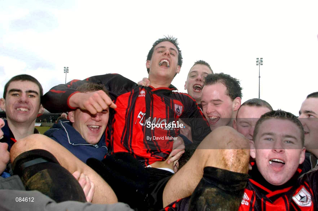31 March 2002; Stuart Holt of Longford Town celebrates with fans on the pitch after avoiding automatic relegation after the drawn eircom League Premier Division match between Longford Town and St Patrtick's Athletic at Flancare Park in Longford. Photo by David Maher/Sportsfile