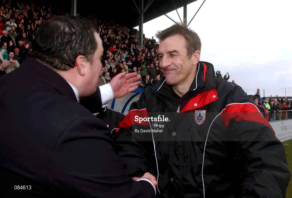 31 March 2002; St Patrick's Athletic manager Pat Dolan, left, shakes hands with Longford Town manager Martin Lawlor after the eircom League Premier Division match between Longford Town and St Patrtick's Athletic at Flancare Park in Longford. Photo by David Maher/Sportsfile