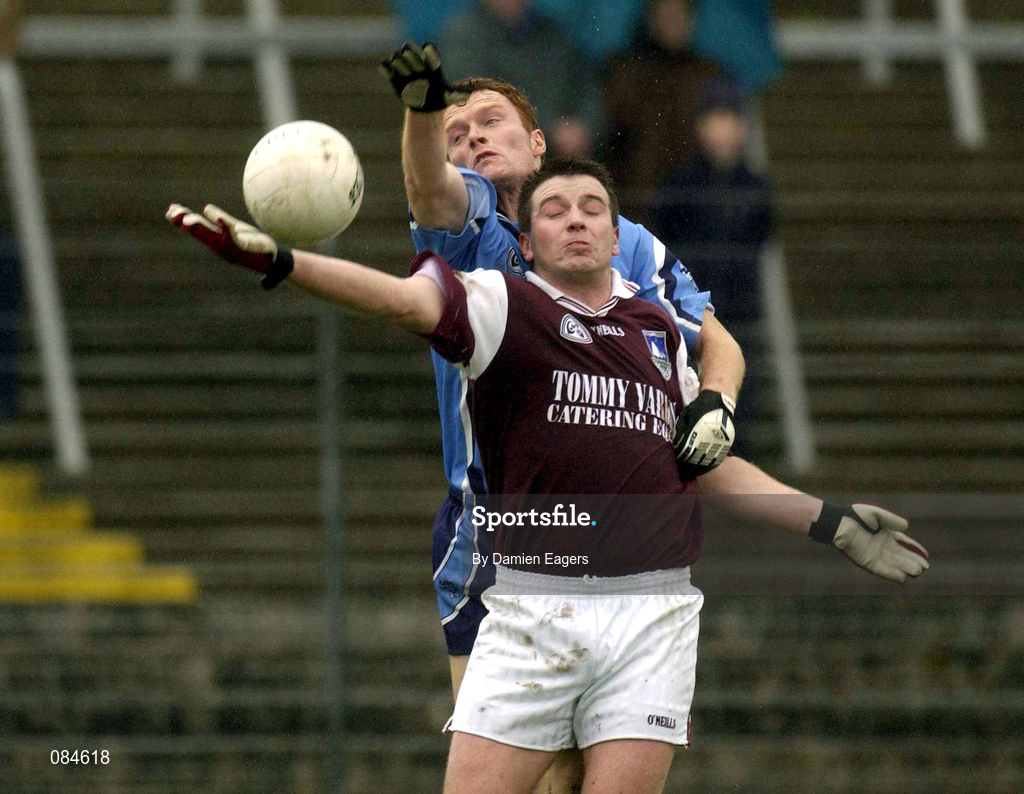 31 March 2002; Tommy Joyce of Galway in action against Peadar Andrews of Dublin during the Allianz Football League Division 1A Round 7 match between Galway and Dublin at St Jarlath's Park in Tuam, Galway. Photo by Damien Eagers/Sportsfile
