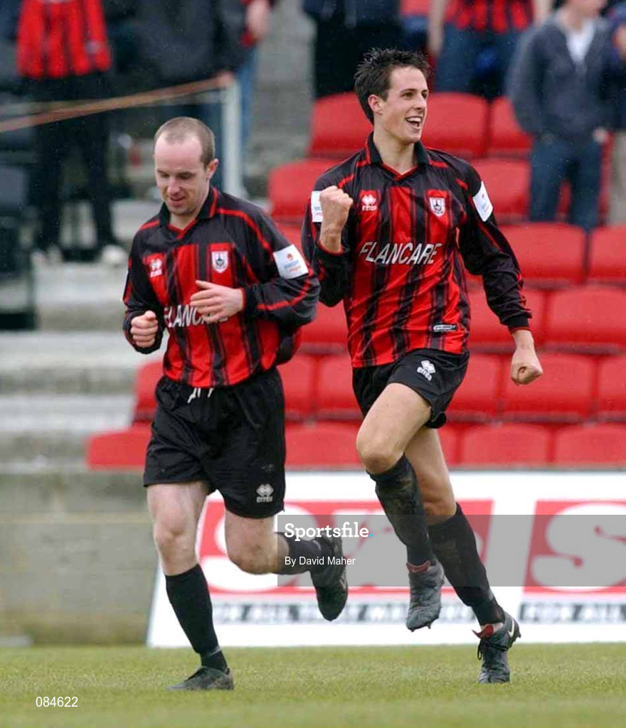 31 March 2002; Stuart Holt of Longford Town, right, celebrates with teammate Alan Kirby after scoring his side's first goal during the eircom League Premier Division match between Longford Town and St Patrtick's Athletic at Flancare Park in Longford. Photo by David Maher/Sportsfile