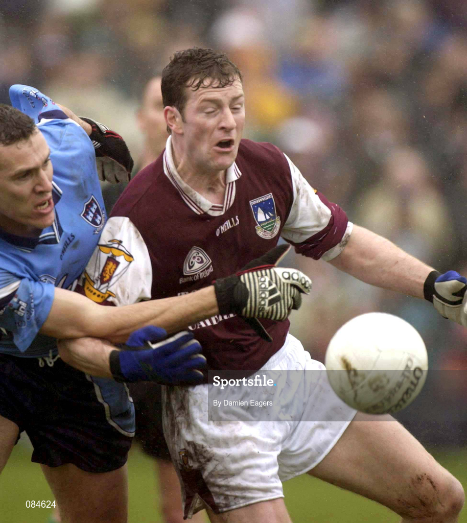 31 March 2002; Jarlath Fallon of Galway in action against Ciarán Whelan of Dublin during the Allianz Football League Division 1A Round 7 match between Galway and Dublin at St Jarlath's Park in Tuam, Galway. Photo by Damien Eagers/Sportsfile