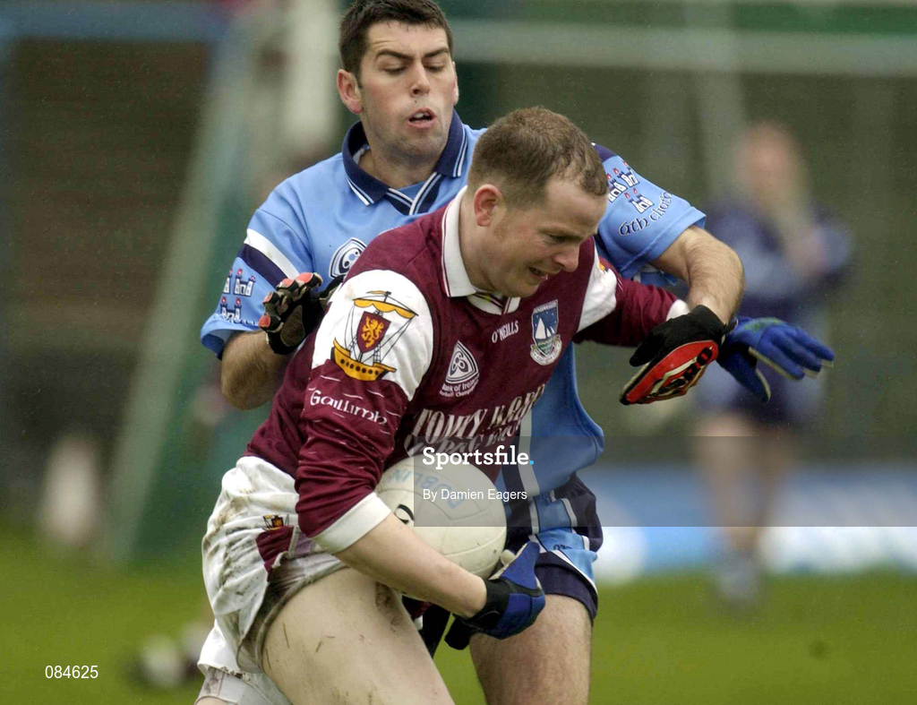31 March 2002; John Donnellan of Galway in action against David Henry of Dublin during the Allianz Football League Division 1A Round 7 match between Galway and Dublin at St Jarlath's Park in Tuam, Galway. Photo by Damien Eagers/Sportsfile