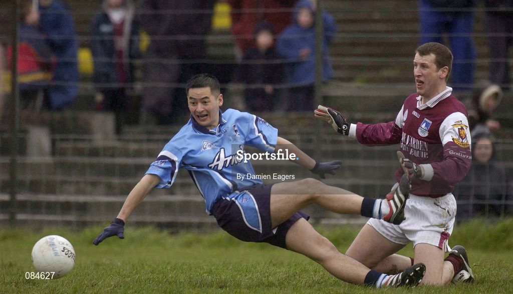 31 March 2002; Jason Sherlock of Dublin in action against Gary Fahey of Galway during the Allianz Football League Division 1A Round 7 match between Galway and Dublin at St Jarlath's Park in Tuam, Galway. Photo by Damien Eagers/Sportsfile