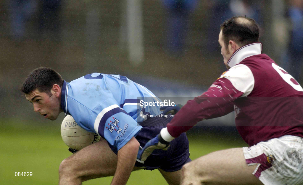 31 March 2002; David Henry of Dublin in action against John Divilly of Galway during the Allianz Football League Division 1A Round 7 match between Galway and Dublin at St Jarlath's Park in Tuam, Galway. Photo by Damien Eagers/Sportsfile