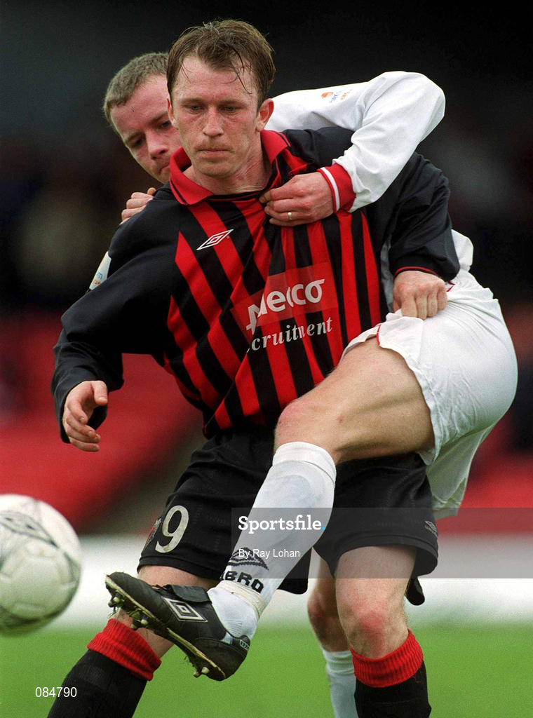 31 March 2002; Trevor Croly of Bohemians in action against Jonathan Minnock of Shelbourne during the eircom League Premier Division match between Bohemians and Shelbourne at Dalymount Park in Dublin. Photo by Ray Lohan/Sportsfile
