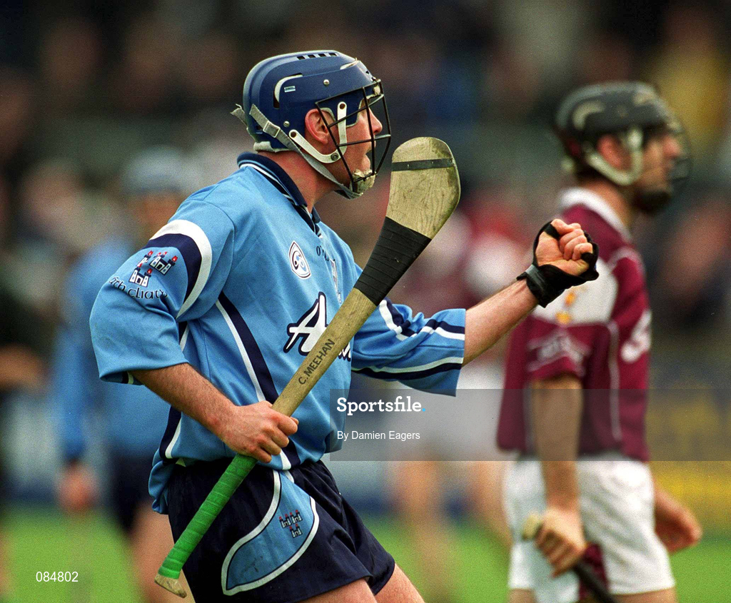 30 March 2002; Carl Meehan of Dublin celebrates after scoring a goal during the Allianz Hurling League Division 1A Round 1 match between Dublin and Galway at Parnell Park in Dublin. Photo by Damien Eagers/Sportsfile