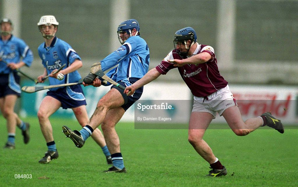 30 March 2002; Ciarán Wilson of Dublin in action against Liam Hodgins of Galway during the Allianz Hurling League Division 1A Round 1 match between Dublin and Galway at Parnell Park in Dublin. Photo by Damien Eagers/Sportsfile