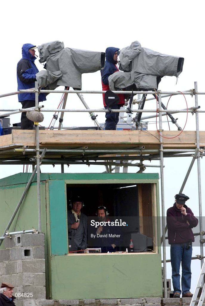 31 March 2002; A general view of the RTÉ television gantry with commentators Stephen Alkin and Eoin Hand during the eircom League Premier Division match between Longford Town and St Patrtick's Athletic at Flancare Park in Longford. Photo by David Maher/Sportsfile