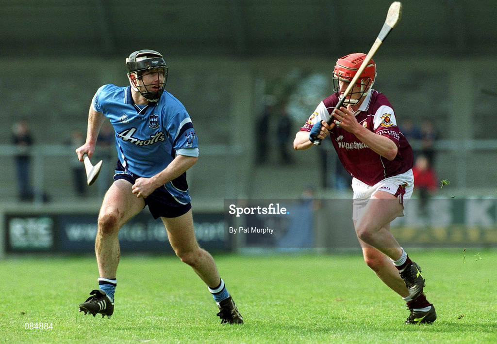 30 March 2002; Shane Martin of Dublin in action against Ollie Canning of Galway during the Allianz Hurling League Division 1A Round 1 match between Dublin and Galway at Parnell Park in Dublin. Photo by Pat Murphy/Sportsfile