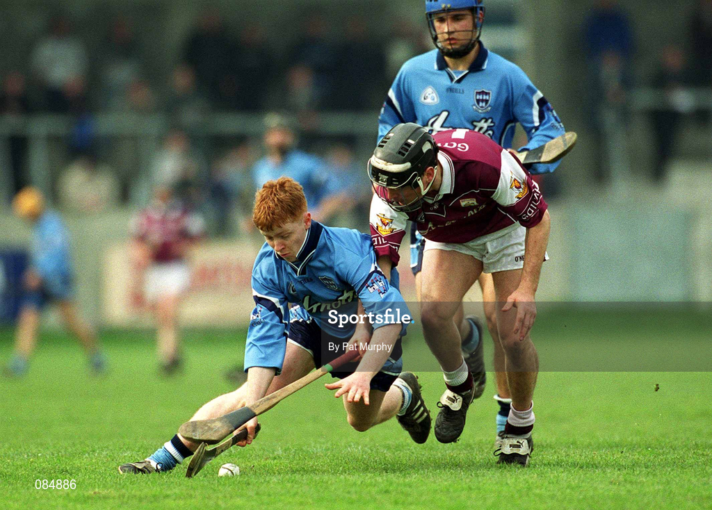 30 March 2002; Derek O'Reilly of Dublin in action against Ollie Fahy of Galway during the Allianz Hurling League Division 1A Round 1 match between Dublin and Galway at Parnell Park in Dublin. Photo by Pat Murphy/Sportsfile
