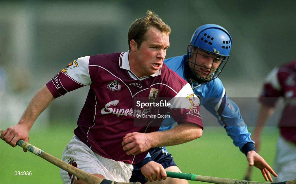 30 March 2002; Rory Gantley of Galway in action against Stephen Hiney of Dublin during the Allianz Hurling League Division 1A Round 1 match between Dublin and Galway at Parnell Park in Dublin. Photo by Damien Eagers/Sportsfile