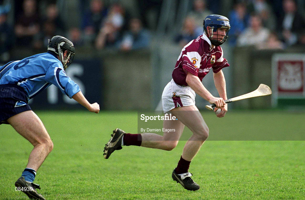 30 March 2002; Liam Hodgins of Galway in action against Liam Ryan of Dublin during the Allianz Hurling League Division 1A Round 1 match between Dublin and Galway at Parnell Park in Dublin. Photo by Damien Eagers/Sportsfile