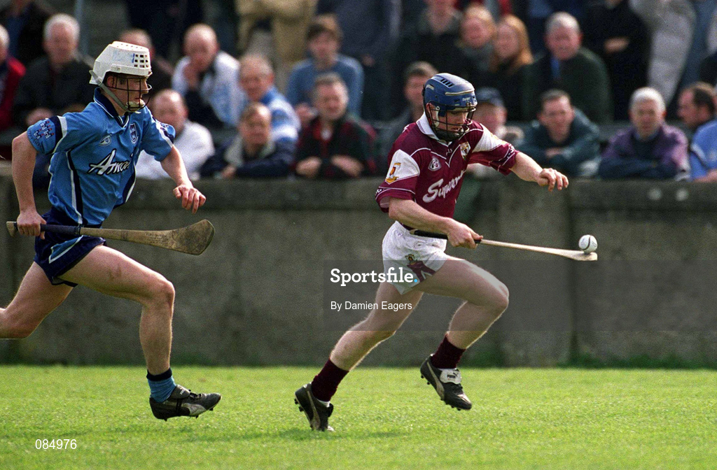 30 March 2002; Damien Hayes of Galway in action against Kevin Ryan of Dublin during the Allianz Hurling League Division 1A Round 1 match between Dublin and Galway at Parnell Park in Dublin. Photo by Damien Eagers/Sportsfile