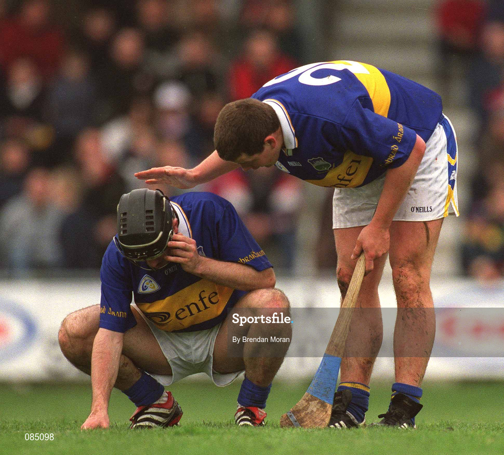 30 March 2002; John Carroll of Tipperary, right, checks on team-mate Eoin Kelly during the Allianz National Hurling League Division 1B Round 1 match between Offaly and Tipperary in St Brendan's Park in Birr, Offaly. Photo by Brendan Moran/Sportsfile