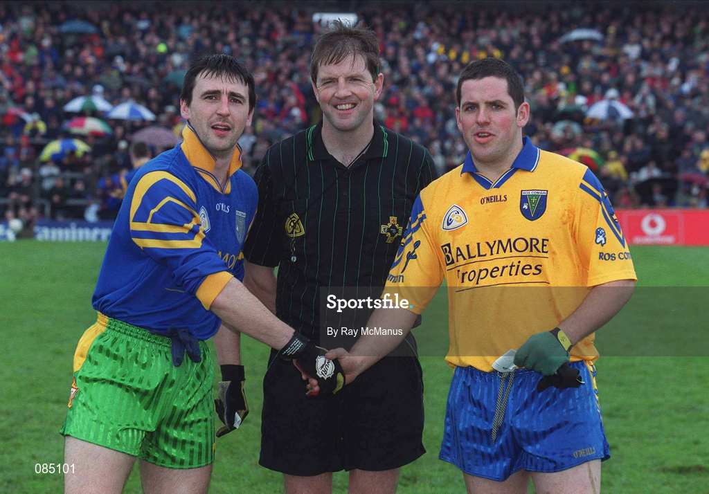 31 March 2002; Referee Michael Monahan with team captains Mark Crossan of Donegal, left, and Francie Grehan of Roscommon before the Allianz Football League Division 1A Round 7 match between Roscommon and Donegal at Dr Hyde Park in Roscommon. Please note Donegal wore the Roscommon  away strip due to a clash of jerseys. Photo by Ray McManus/Sportsfile