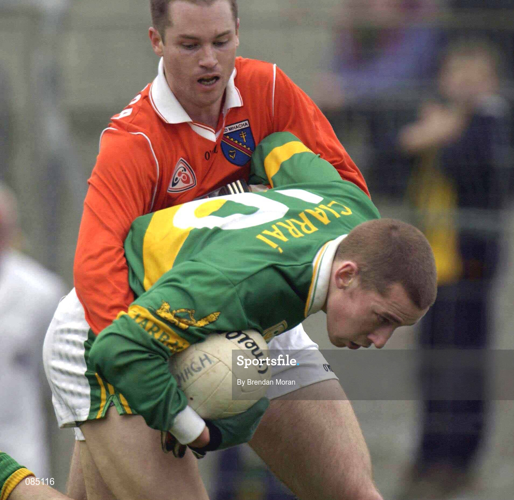 24 March 2002; Seán O'Sullivan of Kerry in action against Andrew McCann of Armagh during the Allianz National Football League Division 2A Round 6 match between Kerry and Armagh at Austin Stack Park in Tralee, Kerry. Photo by Brendan Moran/Sportsfile