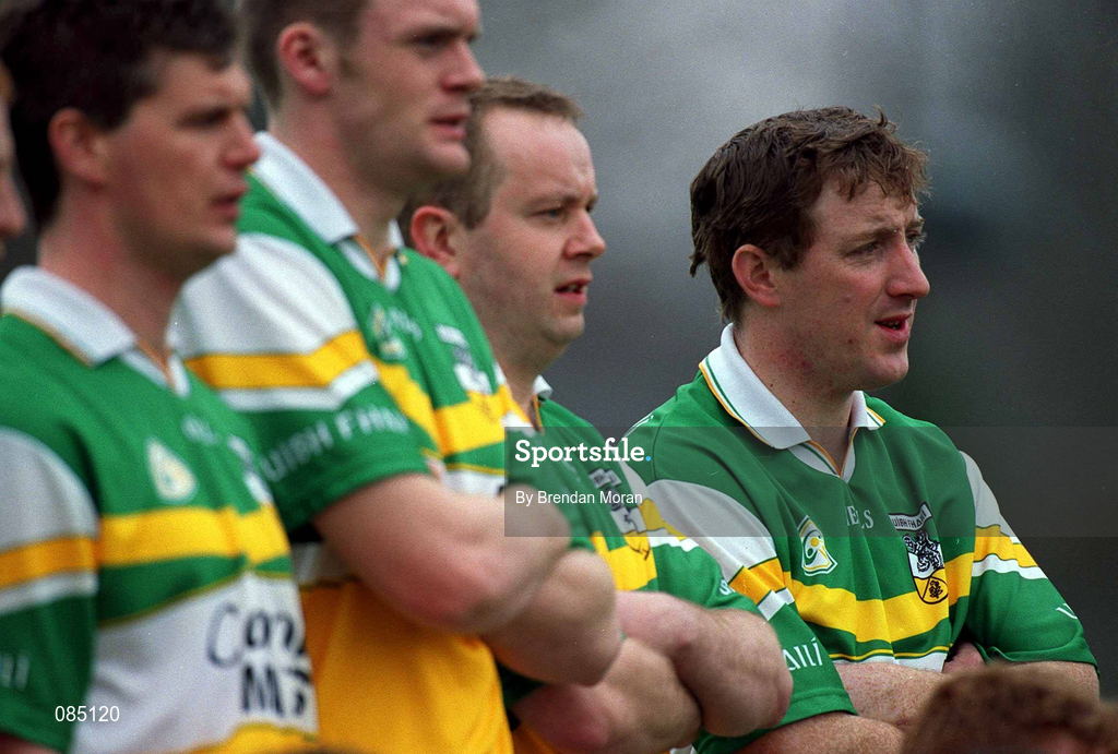 30 March 2002; Brian Whelahan of Offaly, right, stands with his team-mates for the team photograph prior to the Allianz National Hurling League Division 1B Round 1 match between Offaly and Tipperary in St Brendan's Park in Birr, Offaly. Photo by Brendan Moran/Sportsfile