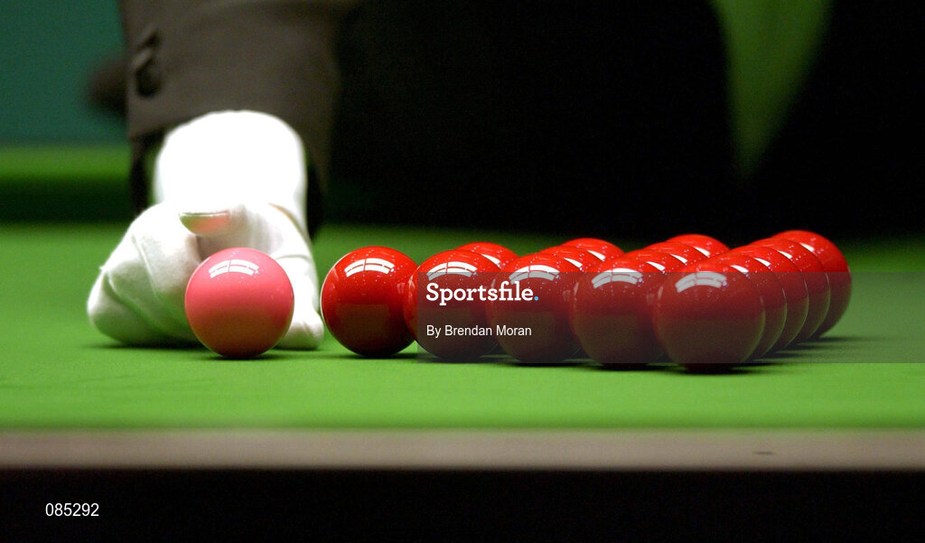 21 March 2002; A referee respots the pink ball next to the pack of reds during the Citywest Irish Masters Snooker Quarter-Final match between Ken Doherty and Stephen Lee at Citywest Hotel in Saggart, Dublin. Photo by Brendan Moran/Sportsfile