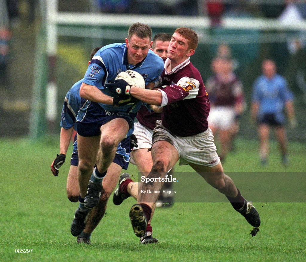 31 March 2002; Enda Crennan of Dublin in action against Kieran Fitzgerald of Galway during the Allianz Football League Division 1A Round 7 match between Galway and Dublin at St Jarlath's Park in Tuam, Galway. Photo by Damien Eagers/Sportsfile