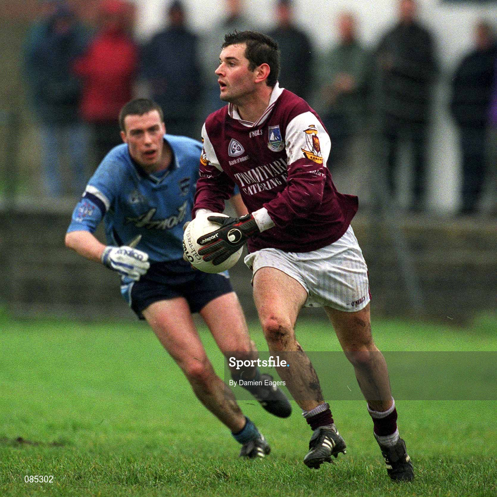 31 March 2002; Tomás Meehan of Galway in action against Ray Cosgrove of Dublin during the Allianz Football League Division 1A Round 7 match between Galway and Dublin at St Jarlath's Park in Tuam, Galway. Photo by Damien Eagers/Sportsfile
