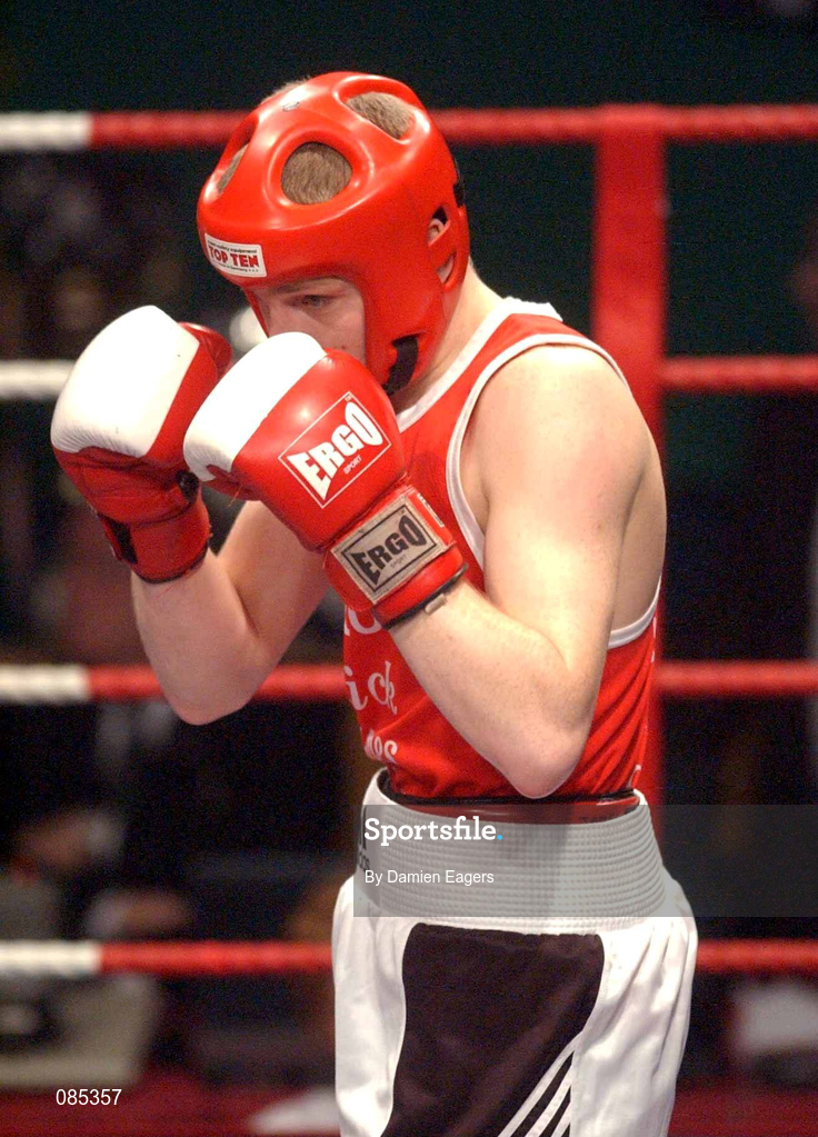 22 February 2002; James Moore of Arklow, Wicklow, in their Welterweight Final against David Conlon of Crumlin Boxing Club, Dublin, during the National Senior Boxing Championships 2002 at The National Stadium in Dublin. Photo by Damien Eagers/Sportsfile