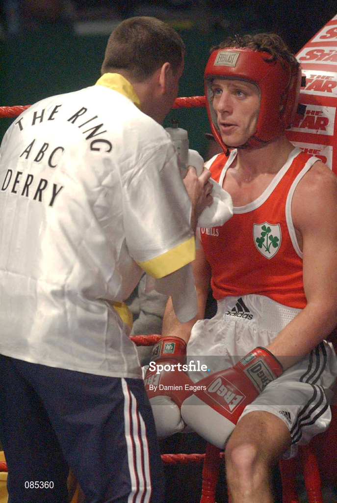 22 February 2002; John Duddy of Ring, Derry, during the Light Middle Weight Final against Andrew Gibson of Larne, Antrim, during the National Senior Boxing Championships 2002 at The National Stadium in Dublin. Photo by Damien Eagers/Sportsfile