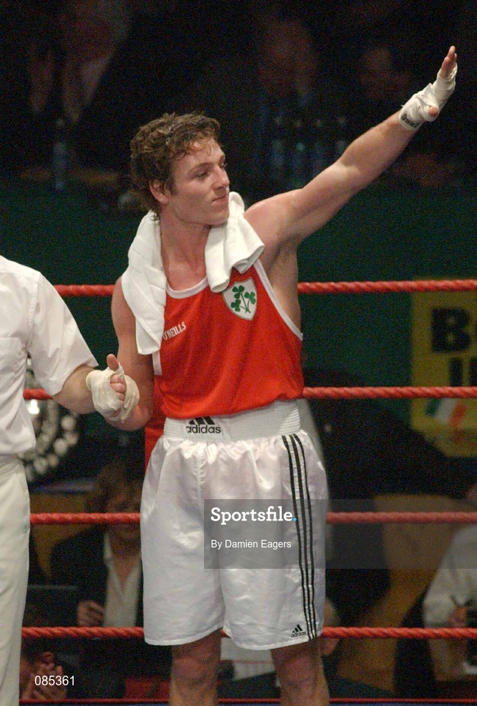 22 February 2002; John Duddy of Ring, Derry, celebrates victory over Andrew Gibson of Larne, Antrim, in their Light Middle Weight Final during the National Senior Boxing Championships 2002 at The National Stadium in Dublin. Photo by Damien Eagers/Sportsfile