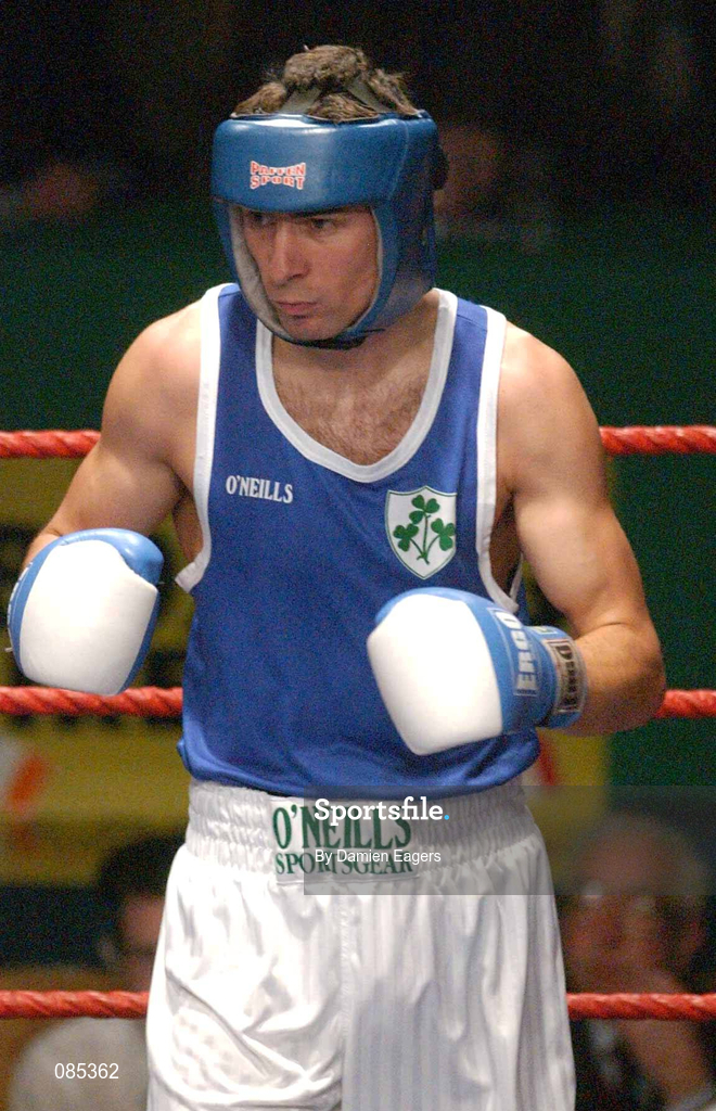 22 February 2002; Kenneth Egan of Neilstown Boxing Club, Dublin, during the 75kg bout against Marvin Lee of Oughterard Boxing Club, Galway, during the National Senior Boxing Championships 2002 at The National Stadium in Dublin. Photo by Damien Eagers/Sportsfile
