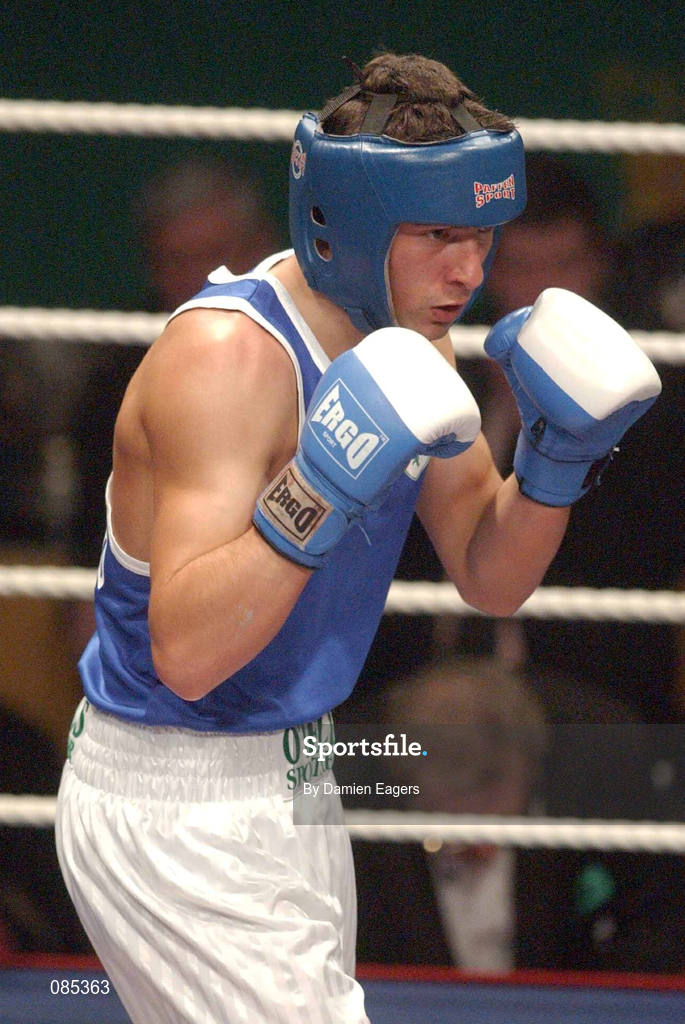 22 February 2002; Kenneth Egan of Neilstown Boxing Club, Dublin, during the 75kg bout against Marvin Lee of Oughterard Boxing Club, Galway, during the National Senior Boxing Championships 2002 at The National Stadium in Dublin. Photo by Damien Eagers/Sportsfile