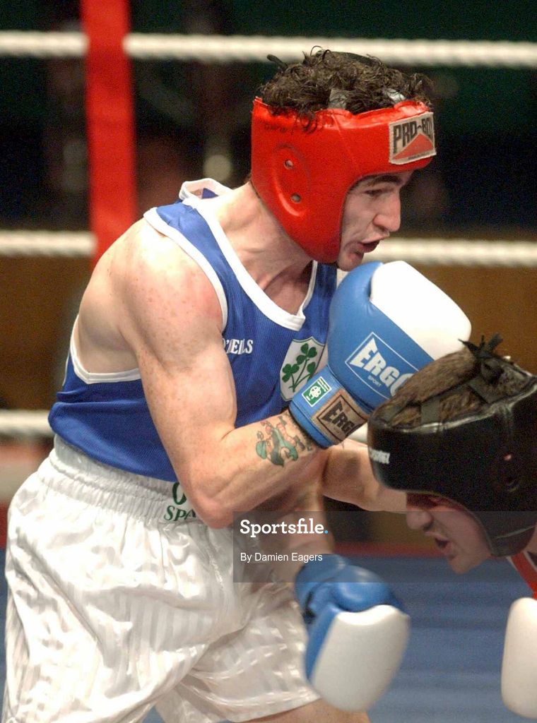 22 February 2002; Gavin Brown of Crumlin Boxing Club, Dublin, during the Featherweight Final against Stephen Ormonde of Quarryvale Boxing Club, Dublin, at the National Senior Boxing Championships at The National Stadium in Dublin. Photo by Damien Eagers/Sportsfile