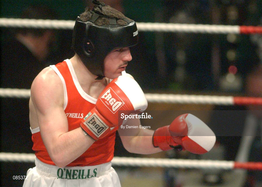 22 February 2002; Stephen Ormonde of Quarryvale Boxing Club, Dublin, during the Featherweight Final against Gavin Brown of Crumlin Boxing Club, Dublin, at the National Senior Boxing Championships at The National Stadium in Dublin. Photo by Damien Eagers/Sportsfile