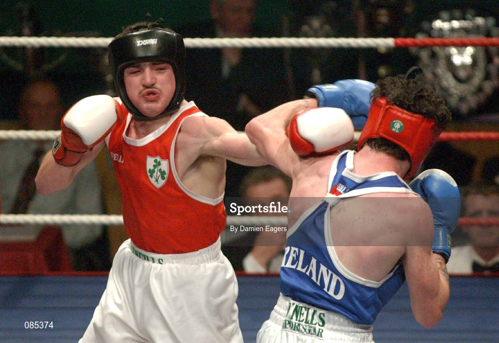 22 February 2002; Stephen Ormonde of Quarryvale Boxing Club, Dublin, left, during the Featherweight Final against Gavin Brown of Crumlin Boxing Club, Dublin, at the National Senior Boxing Championships at The National Stadium in Dublin. Photo by Damien Eagers/Sportsfile