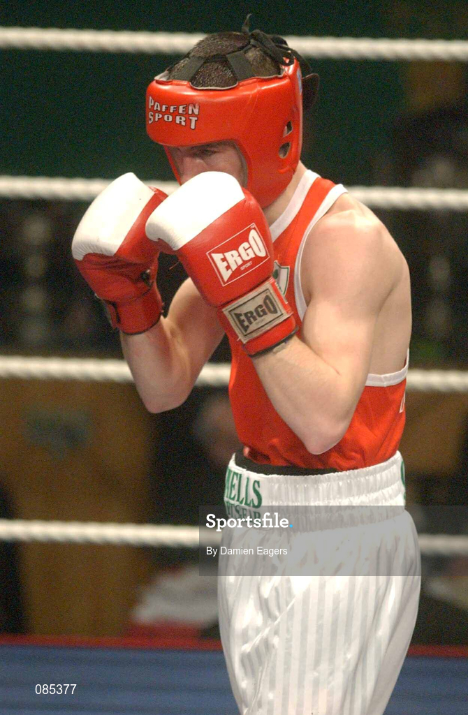 22 February 2002; Damien McKenna of Holy Family Boxing Club, Drogheda, during the Bantamweight Final against Martin Lindsey of Immaculata Belfast during the National Senior Boxing Championships 2002 at The National Stadium in Dublin. Photo by Damien Eagers/Sportsfile