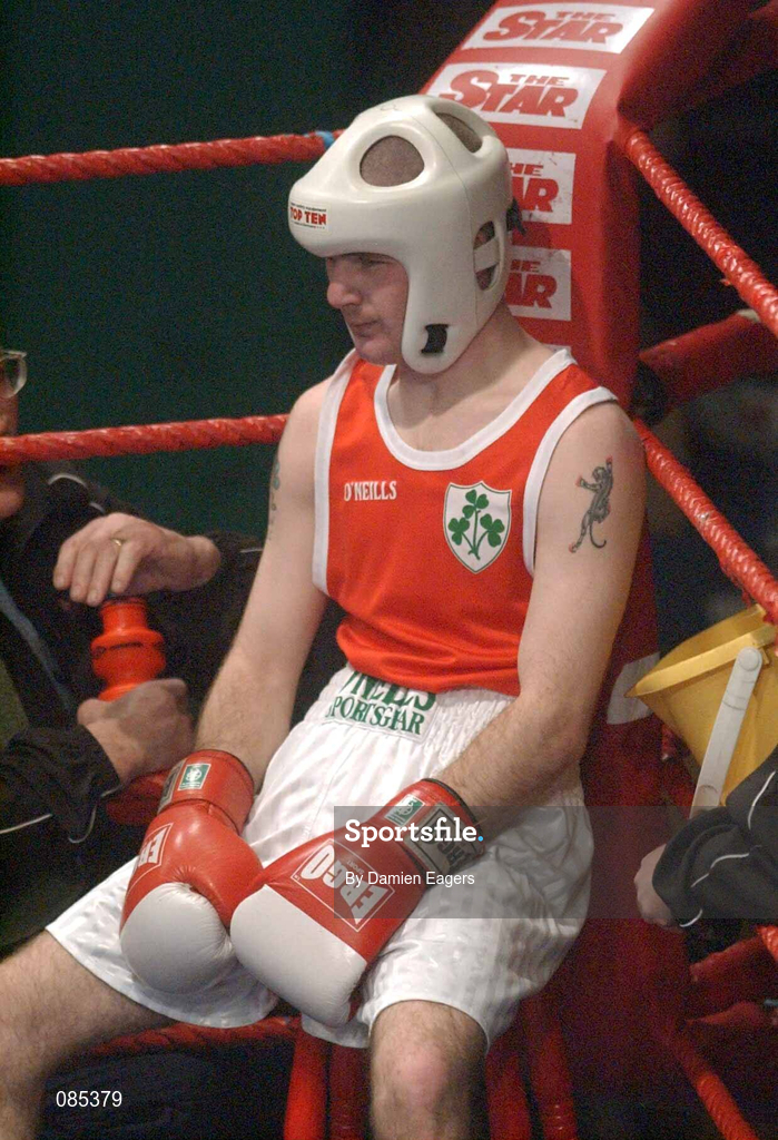 22 February 2002; Darren Campbell of St Saviours Boxing Club, Dublin, between rounds of his Fly Weight Final against Liam Cunningham of Saints Boxing Club, Dublin, at the National Senior Boxing Championships 2002 at The National Stadium in Dublin. Photo by Damien Eagers/Sportsfile