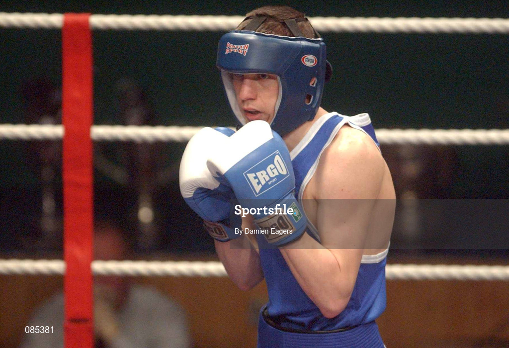 22 February 2002; Liam Cunningham of Saints Boxing Club, Belfast, during the Fly Weight Final against Darren Campbell of St Saviours Boxing Club, Dublin, at the National Senior Boxing Championships 2002 at The National Stadium in Dublin. Photo by Damien Eagers/Sportsfile
