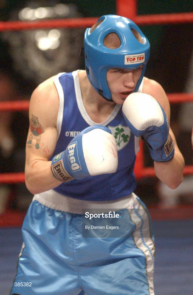22 February 2002; Martin Lindsey of Immaculata Belfast during the Bantamweight Final against Damien McKenna of Holy Family Boxing Club, Drogheda, during the National Senior Boxing Championships 2002 at The National Stadium in Dublin. Photo by Damien Eagers/Sportsfile