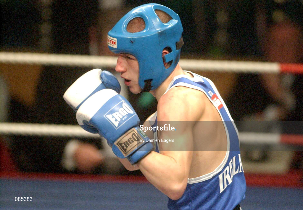 22 February 2002; Martin Lindsey of Immaculata Belfast during the Bantamweight Final against Damien McKenna of Holy Family Boxing Club, Drogheda, during the National Senior Boxing Championships 2002 at The National Stadium in Dublin. Photo by Damien Eagers/Sportsfile
