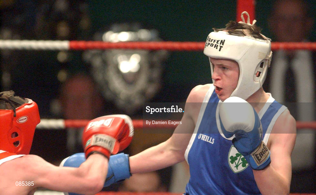 22 February 2002; Paul Hyland of Golden Cabra Boxing Club, Dublin, right, in 48kg bout against John Paul Kinsella during the National Senior Boxing Championships 2002 at The National Stadium in Dublin. Photo by Damien Eagers/Sportsfile
