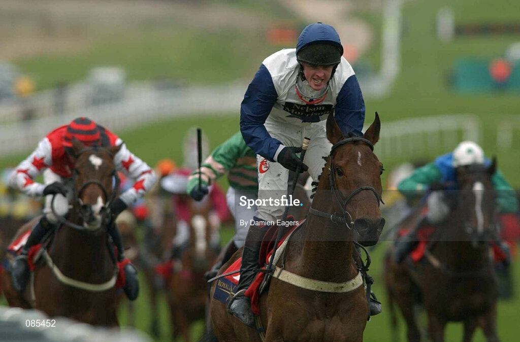 12 March 2002; Galileo, with Jason Maguire up, celebrates after winning The Royal & Sunalliance Novices Hurdle Race during Day One of the Cheltenham Racing Festival at Prestbury Park in Cheltenham, England. Photo by Damien Eagers/Sportsfile