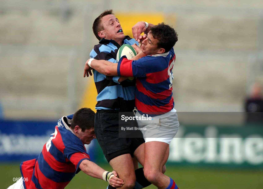 13 April 2002; Andrew Thompson of Shannon is tackled by James Downey, left, and Alan Reddan of Clontarf during the AIB All Ireland League Division 1 Semi-Final match between Shannon and Clontarf at Thomond Park in Limerick. Photo by Matt Browne/Sportsfile