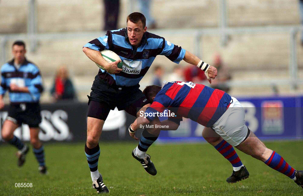 13 April 2002; Andrew Thompson of Shannon is tackled by Jimmy Dempsey of Clontarf during the AIB All Ireland League Division 1 Semi-Final match between Shannon and Clontarf at Thomond Park in Limerick. Photo by Matt Browne/Sportsfile