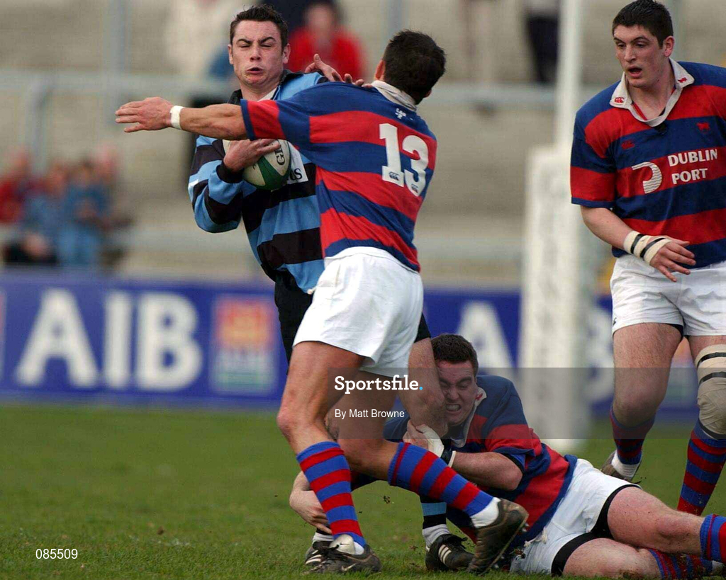 13 April 2002; Niall McNamara of Shannon is tackled by Alan Reddon of Clontarf during the AIB All Ireland League Division 1 Semi-Final match between Shannon and Clontarf at Thomond Park in Limerick. Photo by Matt Browne/Sportsfile