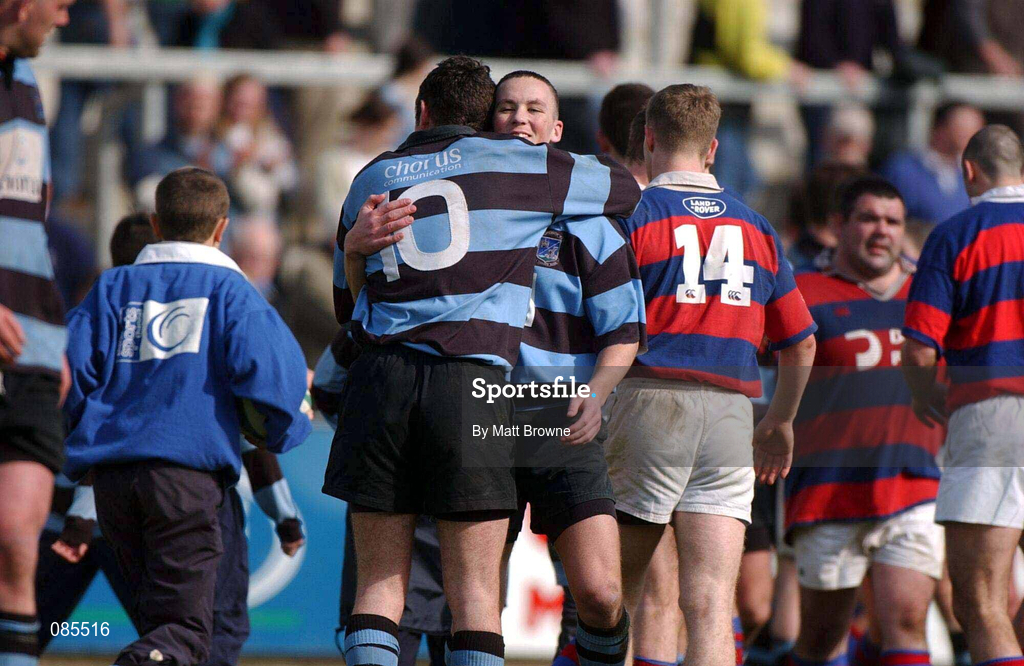 13 April 2002; Shannon players Niall McNamara,10, and Fiach O'Loughlin celebrate after the AIB All Ireland League Division 1 Semi-Final match between Shannon and Clontarf at Thomond Park in Limerick. Photo by Matt Browne/Sportsfile